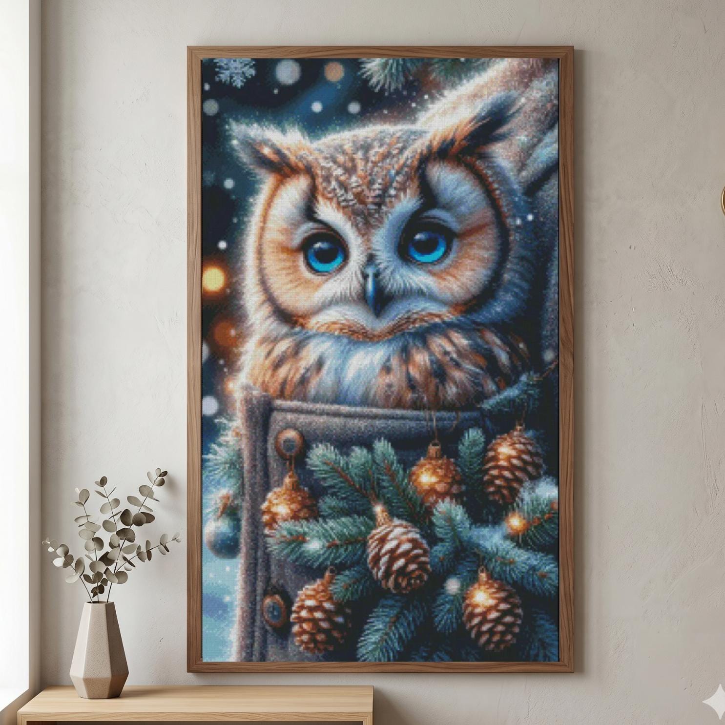 Christmas Owl Cross Stitch Pattern, Winter Woodland Bird Counted PDF Chart