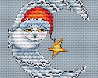 Patrón de punto de cruz de búho lunar, diseño de punto de cruz de búho blanco con gorro de Papá Noel, PDF de bordado de ave nocturna