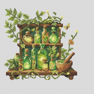May include: A cross-stitch design of a wooden shelf filled with green glass bottles and jars. The shelf is adorned with green leaves and a small butterfly. A mortar and pestle are on the bottom shelf.