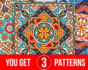Set of 3 cross stitch patterns for pillowcase, DIY Moroccan motifs accent cushion, adults hobby craft