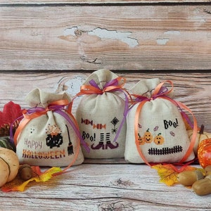 Halloween sampler cross stitch pattern, Witch attributes, black cat, pumpkins modern x-stitch design