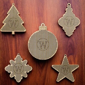 DIY Christmas ornaments kit, cross stitch & bead embroidery on wood, Xmas tree decor, wooden Christmas stars and baubles, snowflake x-stitch