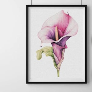 Calla lily cross stitch pattern, purple flower counted cross stitch design, floral x-stitch wall art, botanical modern cross stitch