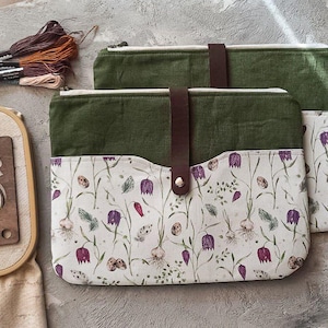 Spring Floral Linen Project Bag, Zippered Embroidery & Cross Stitch Storage Pouch with Pocket