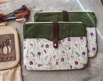 Bolsa para proyectos de lino con estampado floral de primavera, bolsa de almacenamiento con cremallera para bordado y punto de cruz con bolsillo