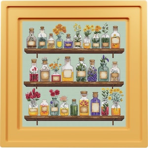 Modèle de point de croix pour échantillonneur de bouteille, étagères de potions, point en X, conception d&#39;herbes médicinales magiques, tableau de phytothérapie pdf numérique
