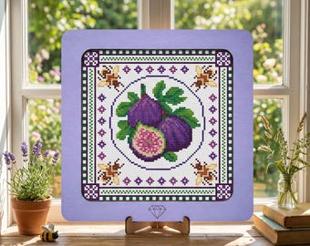 Fig fruit cross stitch pattern, simple botanical sampler x-stitch, vegan food design