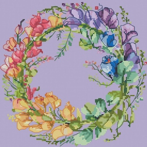 Motif de point de croix couronne de fleurs arc-en-ciel, pois de senteur point x, fleur de naissance d'avril