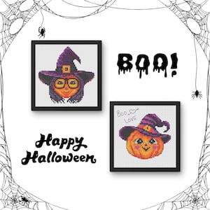 Cute witch & pumpkin cross-stitch pattern, Happy Halloween x-stitch design, Halloween Crafts PDF file