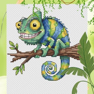 Chameleon cross stitch pattern, small reptile x-stitch, exotic pet design