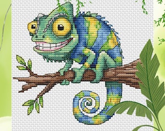 Chameleon cross stitch pattern, small reptile x-stitch, exotic pet design