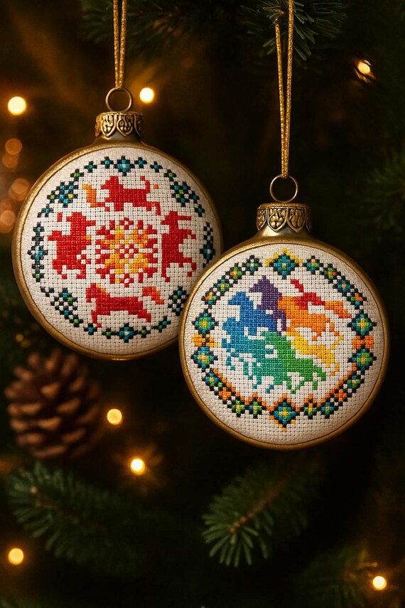 クリスマスボールのクロスステッチパターン、馬の飾りのクロスステッチ