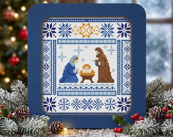 Birth of Christ Nativity cross stitch pattern, Holy Family Christmas Bible scene xstitch