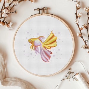 Gold fish cross stitch pattern, cute sea animals home decor, fish PDF embroidery design