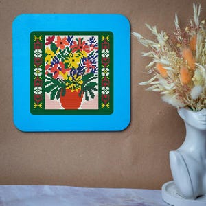 Flowers bouquet cross-stitch pattern, Ukrainian ornament x-stitch, floral folk square design PDF