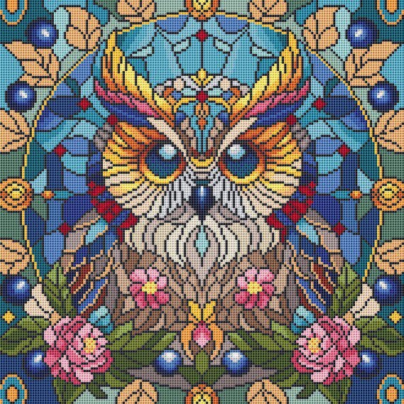 フクロウのクロスステッチパターン、ステンドグラス風のクロスステッチ