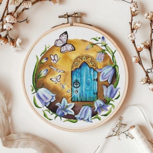 Blue door with flowers cross stitch pattern, fairy house modern x-stitch embroidery, PDF design