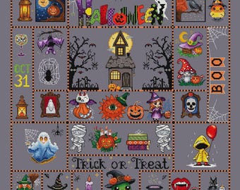 Halloween sampler cross stitch pattern, Spooky Witches, Ghosts & Pumpkins x-stitch, Trick or Treat PDF design, Haunted House needlepoint