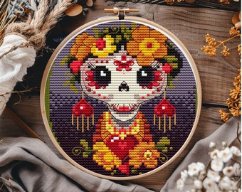 Dia de los muertos Kreuzstichmuster, Mexiko Kreuzstichmuster, Handstickerei, Gezählter Kreuzstich, moderner Kreuzstich
