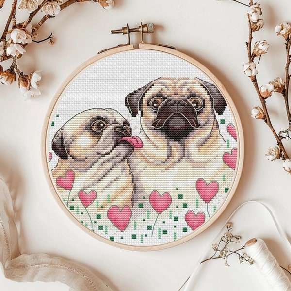 Cute pug dogs cross-stitch pattern, St. Valentine embroidery design, pug with heart modern cross stitch chart