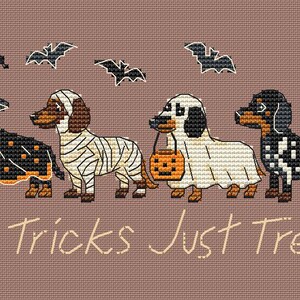 May include: A cross-stitch pattern on a brown background featuring four dachshunds in Halloween costumes: a witch, a mummy, a ghost holding a pumpkin bucket, and a skeleton. Four black bats fly above the dogs, and the text reads No Tricks Just Treats.
