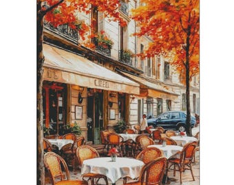 Paris street cafe cross stitch pattern, Autumn in Paris x-stitch