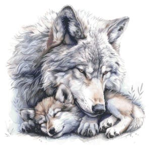 Wolf family cross-stitch pattern, Mother & child x-stitch design, Wild animal motherhood needlework PDF