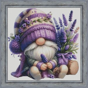 lavender Gnome cross stitch pattern, lilac dwarf stitching pattern, summer garden gnome PDF digital file, DIY wall decor