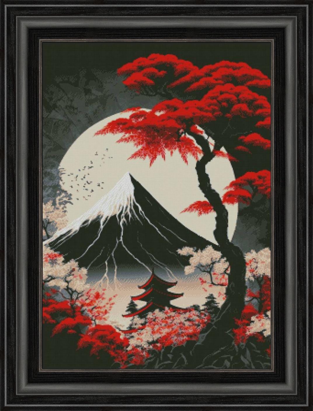 日本の風景のクロスステッチパターン、桜と富士山のクロスステッチ