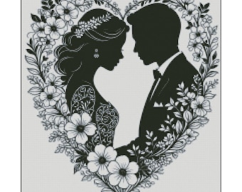 Wedding monochrome cross stitch pattern, bride and groom silhouette x-stitch