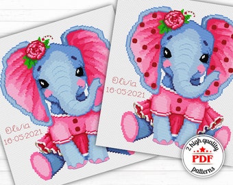 Elephant cross-stitch PDF pattern set of 2, newborn metric embroidery design, baby birth card digital, personalized child birthday gift