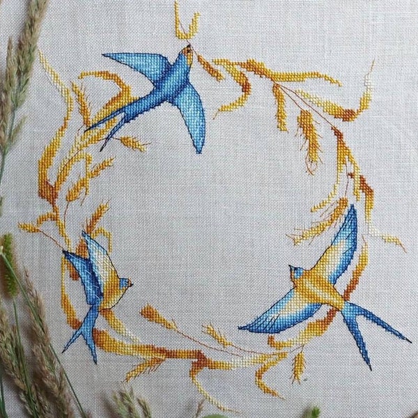 Ukrainian wreath with wheat and birds, cross stitch pattern, Ukrainian embroidery, counted cross-stitch