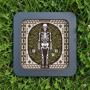 Skeleton cross stitch pattern, spooky Halloween x-stitch, simple gothic design digital