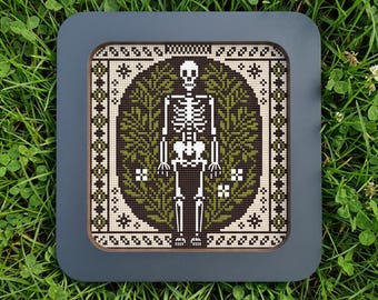 Skeleton cross stitch pattern, spooky Halloween x-stitch, simple gothic design digital