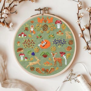 Forest sampler cross stitch pattern, cute woodland animals design, DIY modern cross-stitch