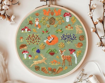 Forest sampler cross stitch pattern, cute woodland animals design, DIY modern cross-stitch