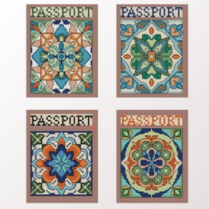 May include: Four passport covers featuring a colourful tile pattern. Each cover has a different design with shades of blue, green, orange, and white.
