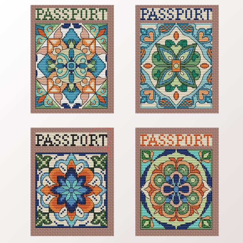 May include: Four passport covers featuring a colourful tile pattern. Each cover has a different design with shades of blue, green, orange, and white.
