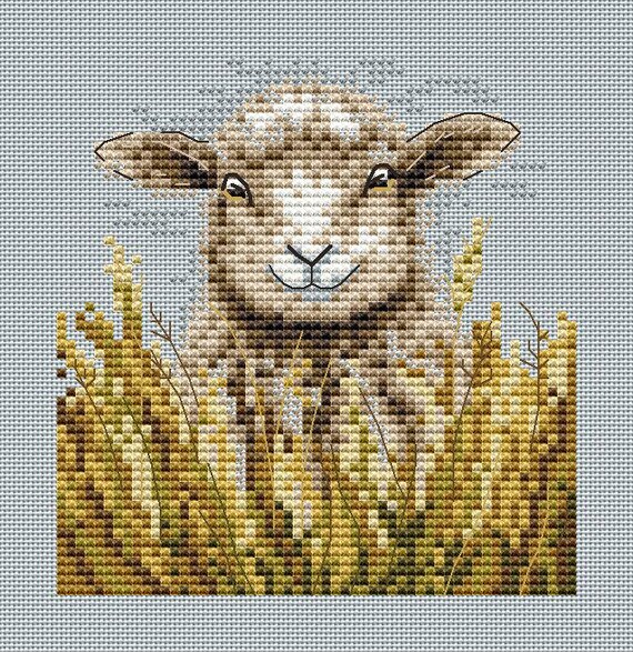 羊のクロスステッチパターン、野原の子羊のデザイン、農場の動物の