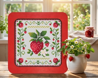 Strawberry sampler cross stitch pattern, easy berry x-stitch, food design