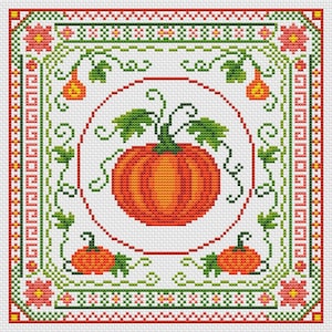 Pumpkin sampler cross stitch pattern, Fall easy x-stitch, Autumn Harvest simple design