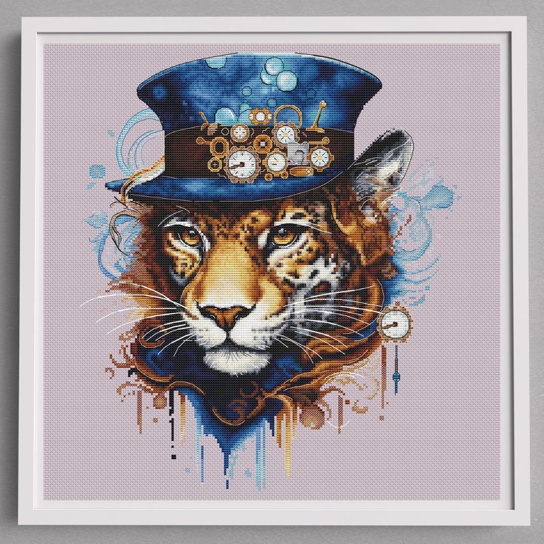 Steampunk Leopard Cross Stitch Pattern, Wild Cat in Top Hat