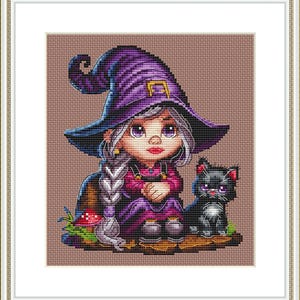Little Witch cross stitch pattern, lilac hair witch xstitxh design, girl in wizard hat and black cat needlepoint, cute halloween chart pdf
