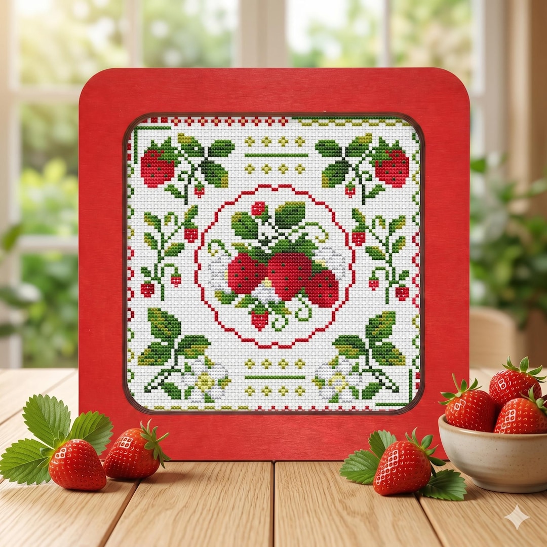 Strawberry Cross Stitch Pattern, Easy Botanical Sampler X-stitch