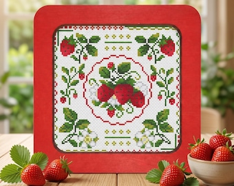 Strawberry cross stitch pattern, easy botanical sampler x-stitch, garden berry design