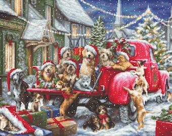 Christmas puppies cross stitch kit, Xmas counted stitching set, winter hand embroidery kit