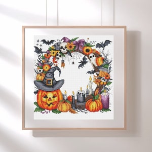 Pumpkin in a magic hat cross-stitch pattern, scary Halloween pumpkins cross stitch, Halloween wreath PDF, Halloween modern x-stitch design