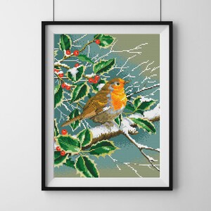 Cross stitch embroidery pattern, European robin wall art, DIY embroidered picture, adult hobby craft