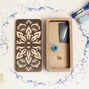 Etui sewing box, Plywood lidded container for sewing notions, Thread and needle storage, Hand embroidery tools, Needlework case
