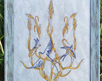 Ukrainian Trident Coat of Arms with wheat and birds, cross stitch pattern, ukrainian embroidery